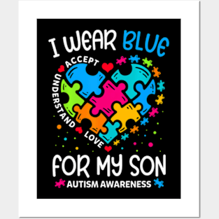 I Wear Blue For My  Autism Awareness Month For Mom Posters and Art